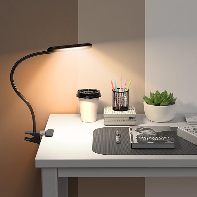 Desk Lamp with Clamp, 8W Clip on Light with 3 Lighting Modes, 10 Brightness Level, Eye-Caring Reading Lamp, Flexible Gooseneck Clamp Lamp, USB Desk Light for Bed Headboard Home