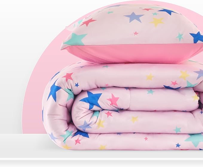 SLEEP ZONE Kids Comforter Set, Jersey Knit 3 Pieces Bedding Set for Girls, Soft, Breathable, Washable, Easy Care (Colorful Stars, Full/Queen)