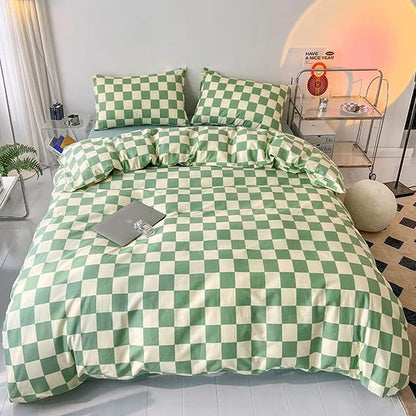 Wellboo Green White Plaid Comforter Sets Full Women Men Sage Green Checkerboard Grid Bedding Comforters Cotton Boys Girls Modern Grass Green and White Checkered Geometric Quilts Luxury Abstract Bed