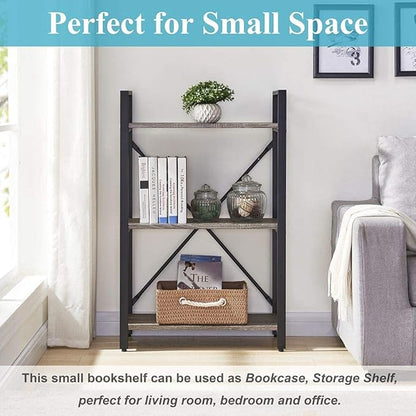 BON AUGURE 3 Tier Bookshelf, Small Rustic Book shelf, Short Industrial Wood Metal Standing Bookcase Etagere for Office, Bedroom and Living Room (Dark Gray Oak)