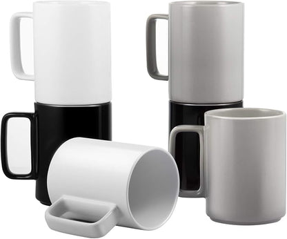 E-liu Large 15 Ounces Porcelain Coffee Mug Tea Mugs Set of 6 | Cups for Coffee, Tea, Cocoa, and Mulled Drinks , Dishwasher & Microwave Safe Gift Sets, BlacK White Grey