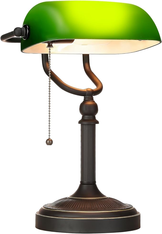 Newrays Antique Green Glass Bankers Desk Lamp with Pull Chain Switch Plug in Fixture
