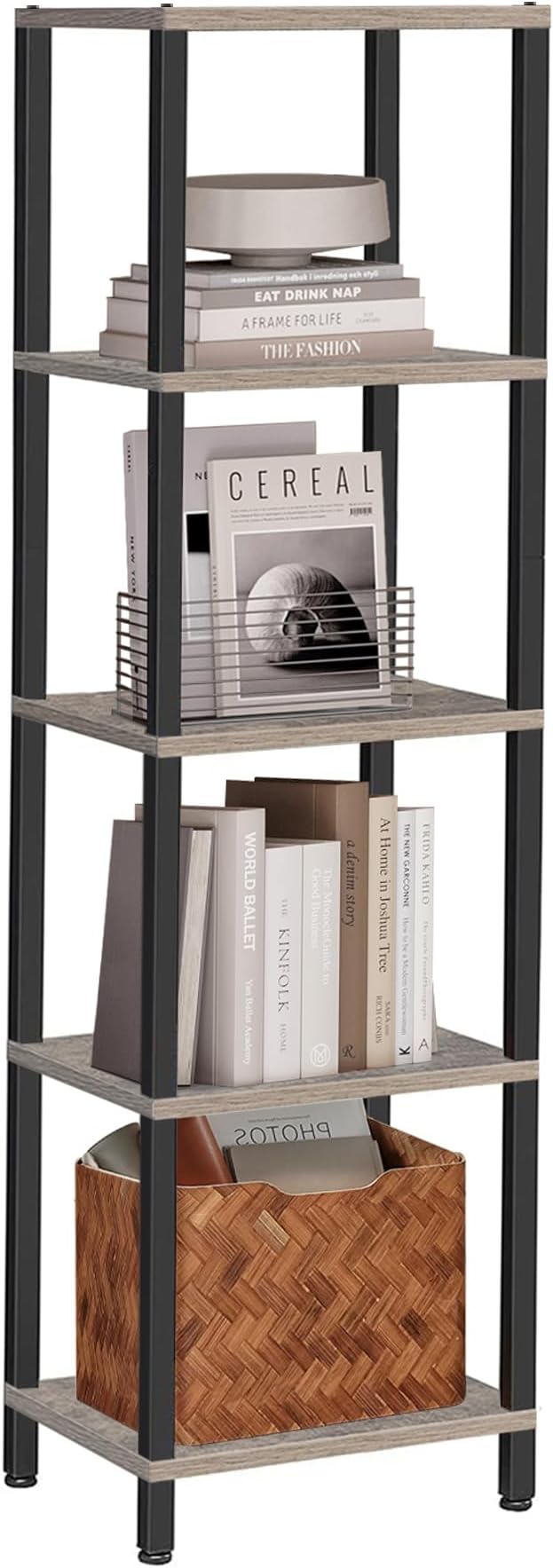 TUTOTAK Bookshelf, 5-Tier Tall Book Shelf, Narrow Bookcase for Small Space, DIY Stackable Bookshelf, for Living Room, Office, Study, Entryway, Industrial, Greige and Black BS01BG005