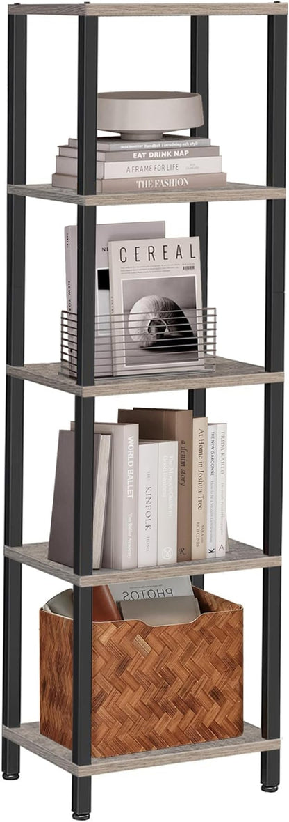 TUTOTAK Bookshelf, 5-Tier Tall Book Shelf, Narrow Bookcase for Small Space, DIY Stackable Bookshelf, for Living Room, Office, Study, Entryway, Industrial, Greige and Black BS01BG005