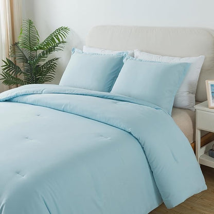 Queen Baby Blue Comforter Set, Solid Lightweight Skin-friendly Boho Bedding Set & Collections, Breathable Fluffy Microfiber 3 PCS (90"x90") Comforter Set for All Seasons with Pillowcases