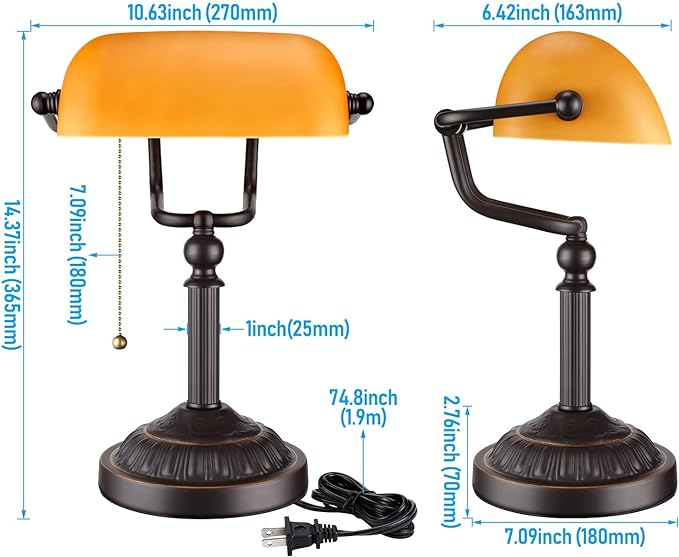 TORCHSTAR Bankers Desk Lamp with Pull Chain Switch, Amber Glass Shade Desk Lamps, Bronze Base, UL Listed, E26 Base, Vintage Library Lamp for Office, Study Room(Matted Orange)