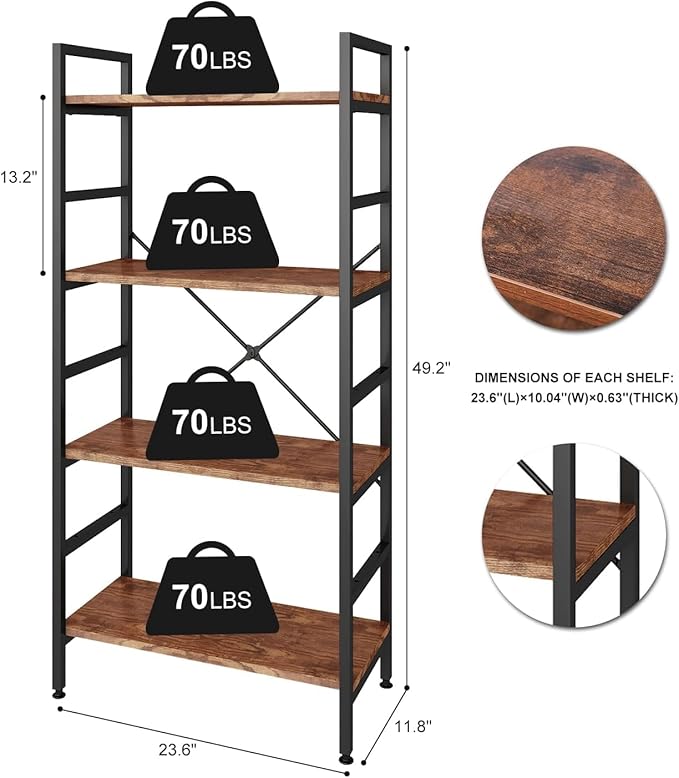 4 Tier Industrial Book Shelf,Modern Small Book Case for Books, Garage Kit, CDs, Movies, Standing BookShelves Display Rack for Bedroom/Living Room/Home Office - Rustic Brown Wood Bookcase