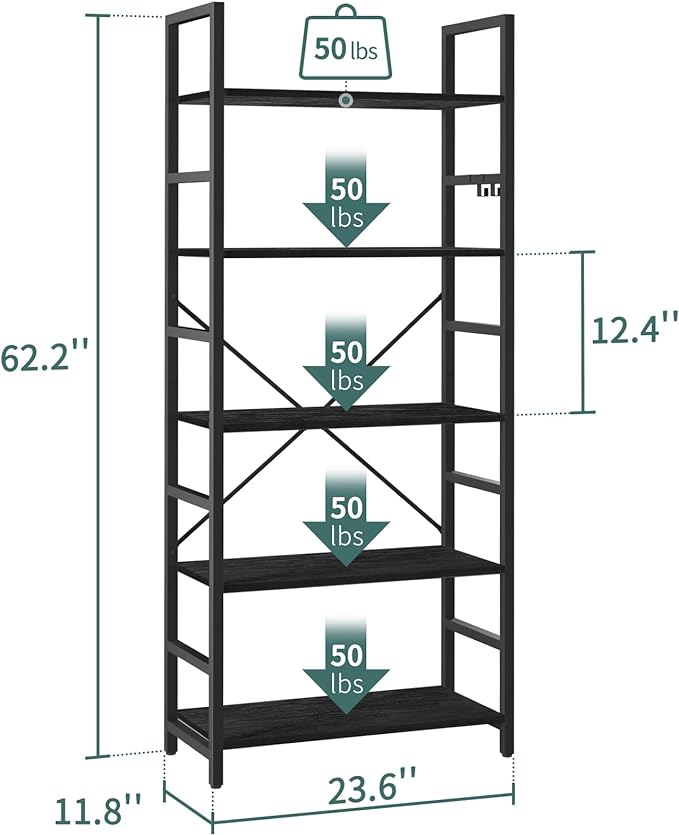 Yoobure 5 Tier Bookshelf - Tall Book Shelf Modern Bookcase for CDs/Movies/Books, Rustic Book Case Industrial Bookshelves Book Storage Organizer for Bedroom Home Office Living Room Black