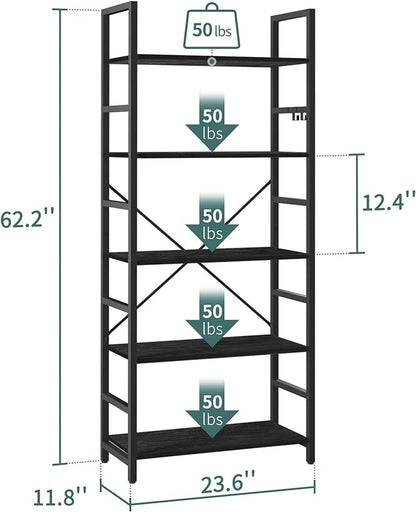 Yoobure 5 Tier Bookshelf - Tall Book Shelf Modern Bookcase for CDs/Movies/Books, Rustic Book Case Industrial Bookshelves Book Storage Organizer for Bedroom Home Office Living Room Black