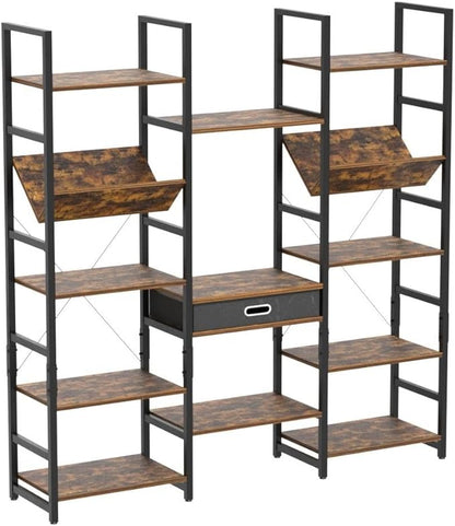 NUMENN Triple Wide 5 Tier Bookshelf, Adjustable Rustic Industrial Style Book Shelves, Modern Bookcases and Bookshelves Furniture for Bedroom, Living Room and Home Office, Vintage Brown