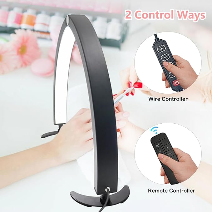 Half Moon Light for Nail Desk with Phone Holder, 29in Half Moon Table Lamp with Wire Controller & Remote, Dimmable Nail Desk Light for Eyelash Extension, Nail Tech, Beauty Care, Tattoos,Crafts