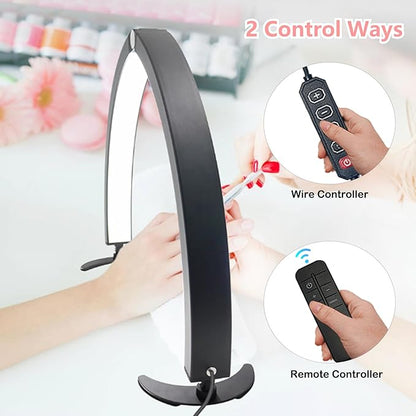Half Moon Light for Nail Desk with Phone Holder, 29in Half Moon Table Lamp with Wire Controller & Remote, Dimmable Nail Desk Light for Eyelash Extension, Nail Tech, Beauty Care, Tattoos,Crafts