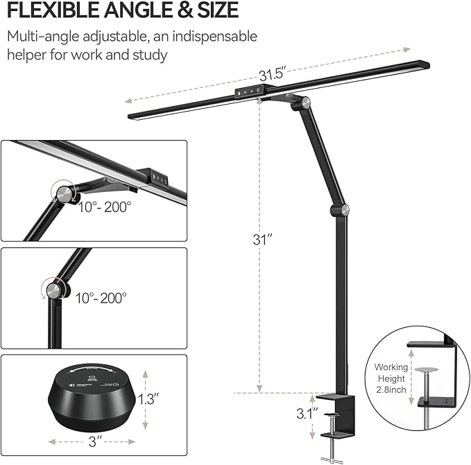 LED Desk Lamp with Clamp for Home Office, 24W Ultra Bright 7 Stepless Dimming/5 Color Modes/Timer, Architect Modern Table Lamp with Touch and Remote Control USB Charging Port for Study Reading