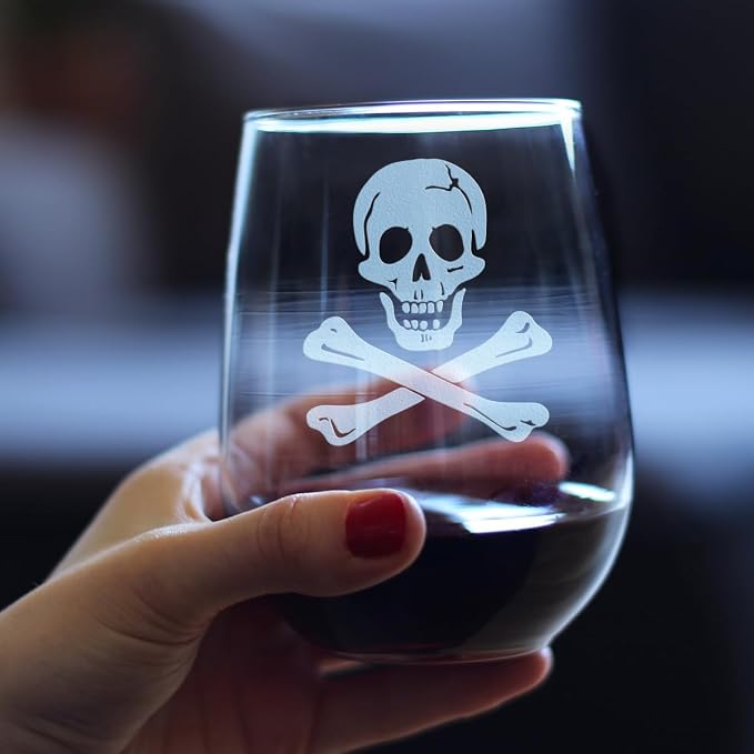 Bevvee Skull and Crossbones Stemless Wine Glass - Skull Decor and Jolly Roger Flag Gifts - Large 17 Oz Glasses