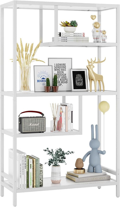 HOME BI Geometric Bookshelf, Tall Modern Etagere Bookcase, Industrial Metal Book Shelf with 5 Open Display Shelves for Office Living Room, White