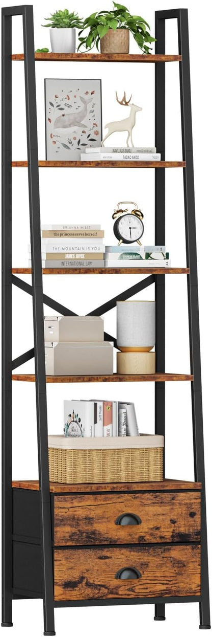 Furologee 5-Tier Ladder Shelf with 2 Drawers,Narrow Bookshelf Storage Shelves,Industrial Bookcase Freestanding Shelf Units for Bedroom,Living Room,Bathroom,Home Office,Balcony,Wood Metal,Rustic Brown