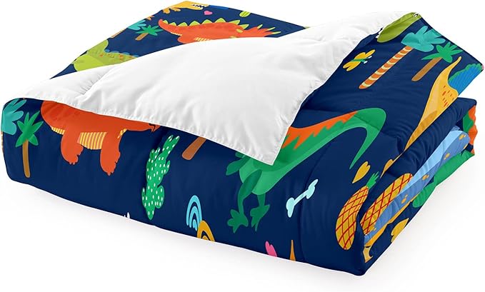 Cute Cartoon Dinosaur Bedding Set, Ultra Soft Full Size Comforter Set for Boys, Lovely Dinosaur Printed Comforter for Kids Teens, Dark Blue Microfiber Quilt for All Season 3Pcs with Pillowcases
