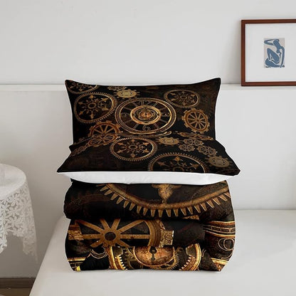 Golden Ndustrial Gear Comforter Set Queen Size Steampunk Style Bedding Set Clocks Theme Bedding Sets & Collections For Kids Boys Teens Men Mechanical Device Quilt Set,Retro Style Bedroom Decor
