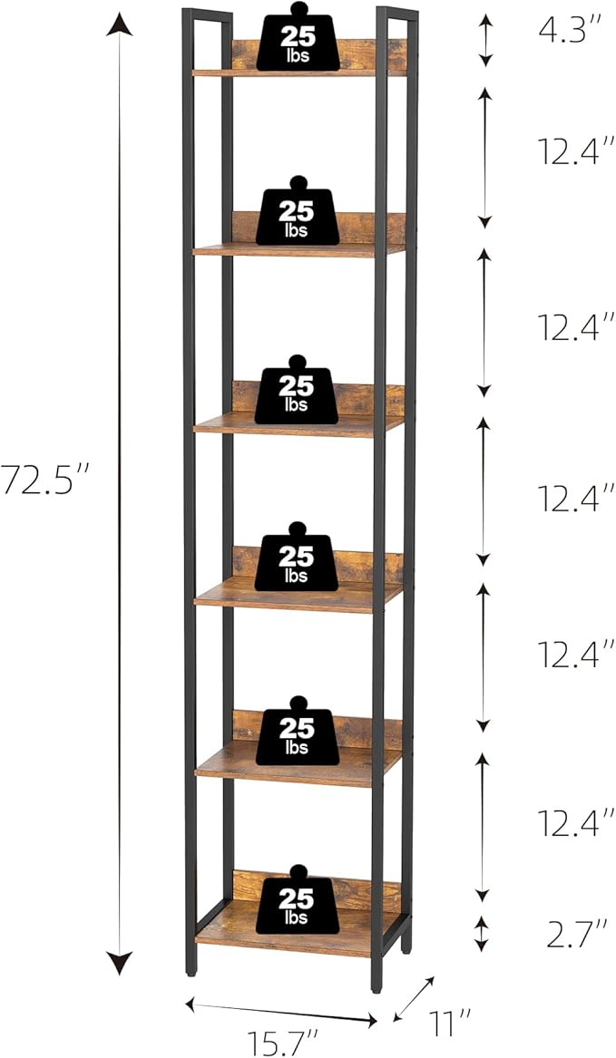 6-Tier Bookshelf, Narrow Bookcase with Open Shelves, Talll Book Shelf Coner Shelf for Living Room, Bedroom, Home Office, Study, Bathroom,11.5 x 15.7 x 72.6 Inches, Rustic Brown and Black