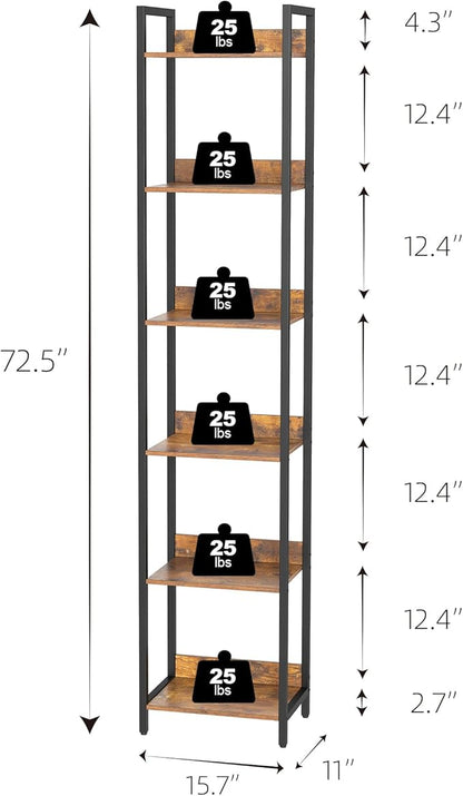 6-Tier Bookshelf, Narrow Bookcase with Open Shelves, Talll Book Shelf Coner Shelf for Living Room, Bedroom, Home Office, Study, Bathroom,11.5 x 15.7 x 72.6 Inches, Rustic Brown and Black