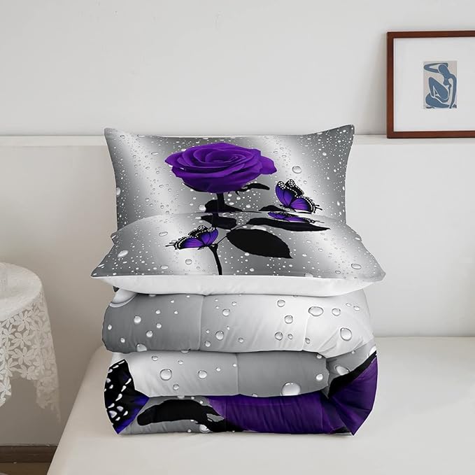 3D Rose Comforter Set Rose Floral Print Bedding Set Romantic Flowers Comforter for Kids Boys Girls Children Teens Bedroom Decor Purple Rose Butterfly Duvet Set Queen Size Quilt Set With 2 Pillow Case