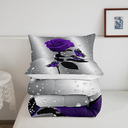 3D Rose Comforter Set Rose Floral Print Bedding Set Romantic Flowers Comforter for Kids Boys Girls Children Teens Bedroom Decor Purple Rose Butterfly Duvet Set Full Size Quilt Set with 2 Pillow Case