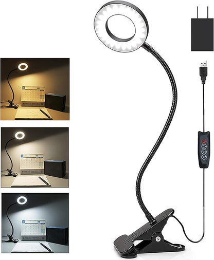 Lypumso Desk Lamp with Adapter, LED Reading Lamp Clip on Light, 3 Color Modes 10 Dimmable Brightness, Perfect Clamp Lamp for Home Office Studying Working Makeup Craft