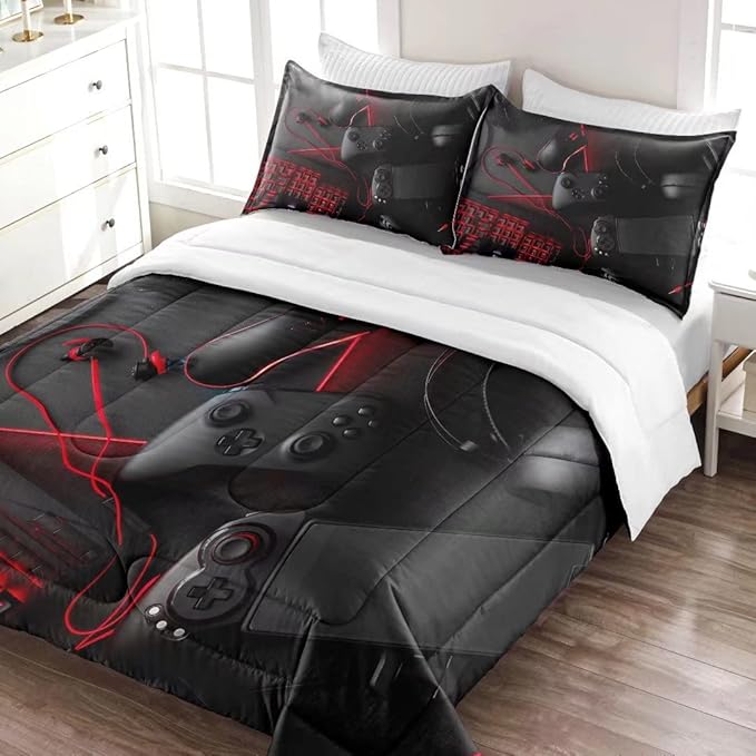 Gaming Comforter for Boys Teens,Game Bedding Sets Queen,Kids Gamer Comforter Set,Video Game Bedroom Decor,Gamepad Controller Duvet Insert All Season 3 Piece 1 Comforter and 2 Pillowcases