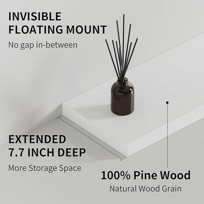 SAUMONIERES Floating Shelves 8 Inch Deep Solid Wood Wide Wall Shelf Set of 1 Wall Mounted for Bedroom Bathroom Living Room Kitchen, 55 Inch White
