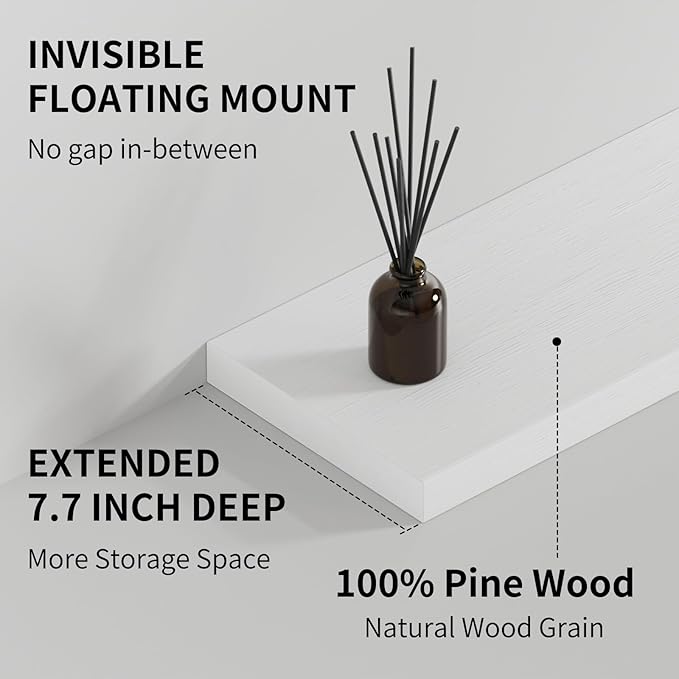 SAUMONIERES Floating Shelves 8 Inch Deep Solid Wood Wide Wall Shelf Set of 1 Wall Mounted for Bedroom Bathroom Living Room Kitchen, 48 Inch White
