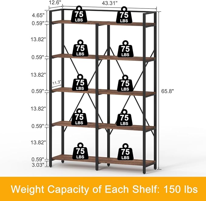 BON AUGURE Industrial Bookshelves and Bookcases, Farmhouse Large Book Shelves, 5 Tier Heavy Duty Open Bookcase, Tall Wood Metal Shelving Unit for Living Room, Bedroom, Office (Rustic Oak)