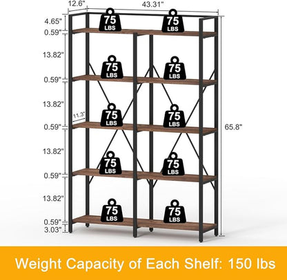 BON AUGURE Industrial Bookshelves and Bookcases, Farmhouse Large Book Shelves, 5 Tier Heavy Duty Open Bookcase, Tall Wood Metal Shelving Unit for Living Room, Bedroom, Office (Rustic Oak)