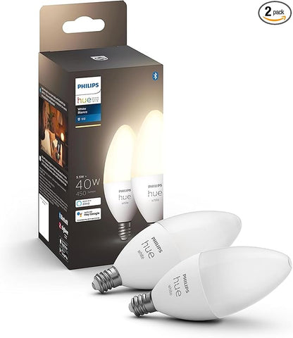 Philips Hue Smart 40W B39 Candle-Shaped LED Bulb - Soft Warm White Light - 2 Pack - 450LM - E12 - Indoor - Control with Hue App - Works with Alexa, Google Assistant and Apple Homekit