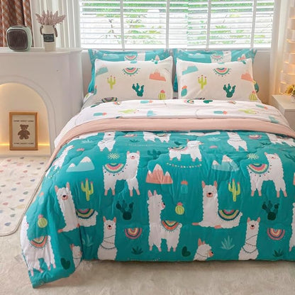 Wajade Kids Cute Llama Comforter Set Bed in A Bag Full Size 7 Piece Green Alpaca Tropical Plant Bedding Set for Girls Boys (1 Comforter, 1 Flat Sheet, 1 Fitted Sheet, 2 Pillowcase and 2 Pillow Sham)