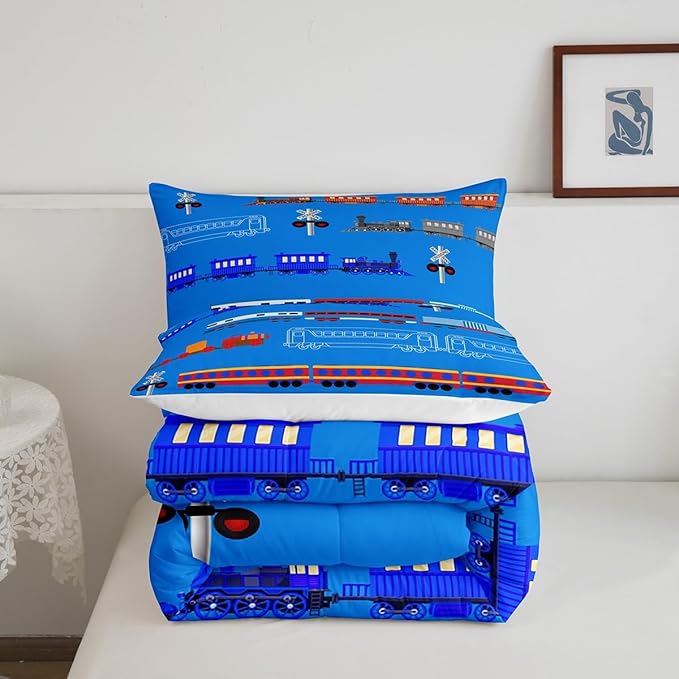 Erosebridal Train Full Comforter Set for Boys,Cartoon Car Bedding Set for Kids Boys Girls Toddler,Vintage Car Down Comforter,Retro Steam Railway Rail Traffic Light Duvet Set Bedroom Decor,Blue 3Pcs