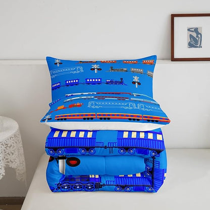 Erosebridal Train Twin Comforter Set for Boys,Cartoon Car Bedding Set for Kids Boys Girls Toddler,Vintage Car Down Comforter,Retro Steam Railway Rail Traffic Light Duvet Set Bedroom Decor,Blue 2Pcs