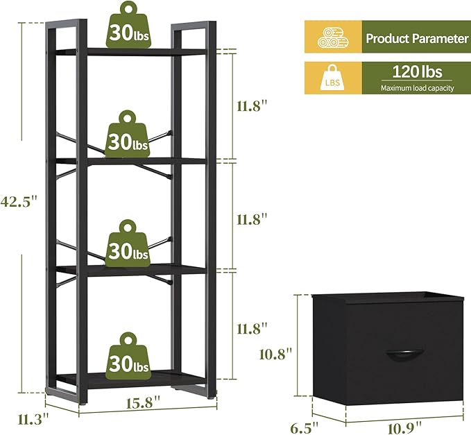 Yoobure Bookshelf, 4 Tier Book Shelf with Drawer, Small Bookcase Narrow Book Case, Industrial Bookshelves Shelf for Bedroom Living Room Office, Book Storage Organizer for CD/Movie Black