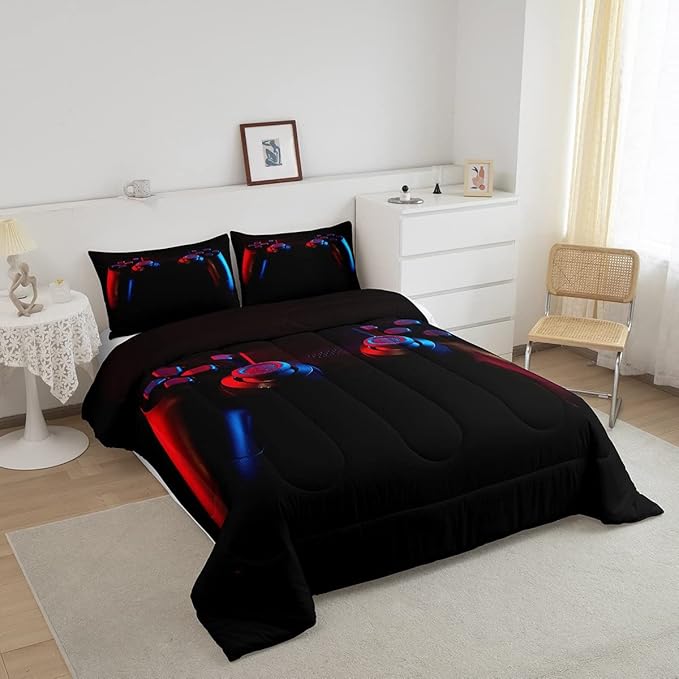Gamer Comforter Set for Boys Girls Man Gaming Bedding Set,Black Gamepad Home Decor Player Video Game Duvet Insert Teens Kids 2 Pieces 1 Down Comforter with 1 Pieces Pillowcase(Twin Size,All Season)