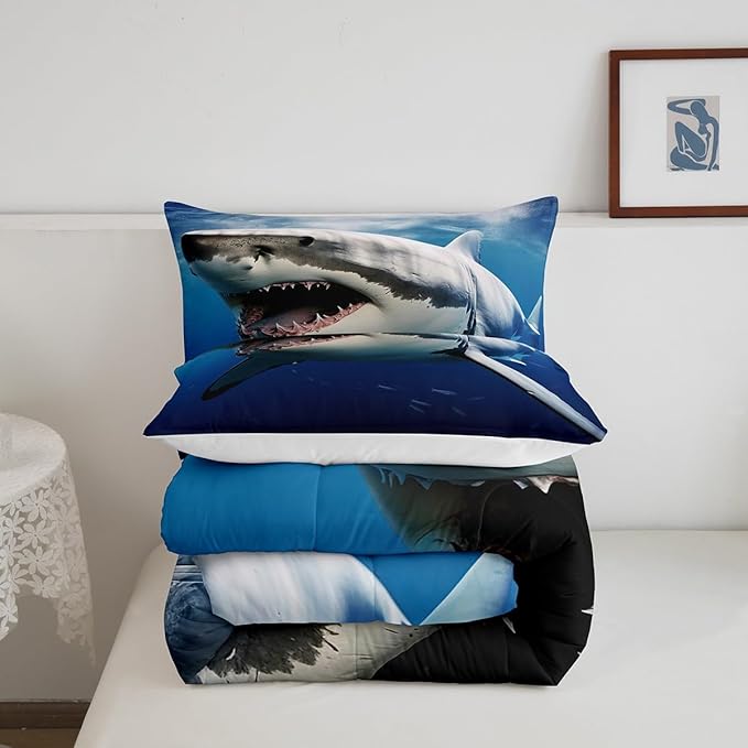 Kids Comforter Set for Boys Girls,3D Shark Fish Down Comforter 3 Piece Hawaiian Beach Theme Bedding Quilted Duvet Set Ocean Sea Animal Pattern Blue Duvet Insert for Toddler Teen Bedroom Decor,Queen