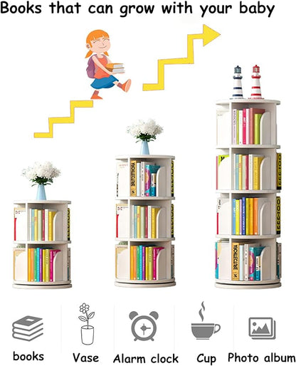Arcwares Rotating Bookshelf, 4 Tier 360° Revolving Bookcase Corner PVC Wood-Plastic Board Bookcase, Stackable Bookshelf Organizer, Display Cabinet for Office Home Living Room