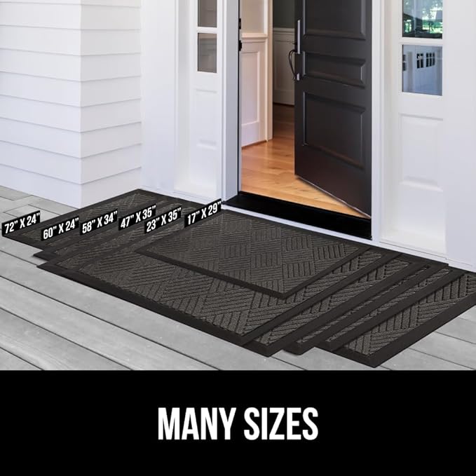 GORILLA GRIP 100% Waterproof All-Season WeatherMax Doormat, 34x58, US Designed Natural Rubber, Stain and Fade Resistant, Low Profile Indoor Outdoor Door Mats, Easy Clean Patio Mat, Gray Diamond