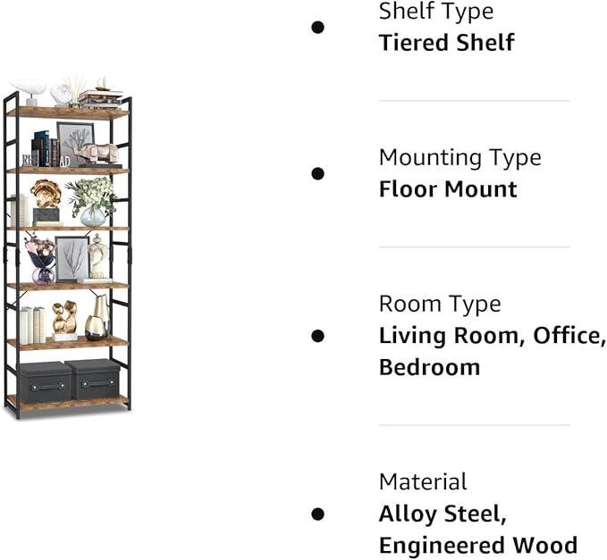 NUMENN 6 Tier Bookshelf, Tall Bookcase Shelf Storage Organizer, Modern Book Shelf for Bedroom, Living Room and Home Office, Vintage