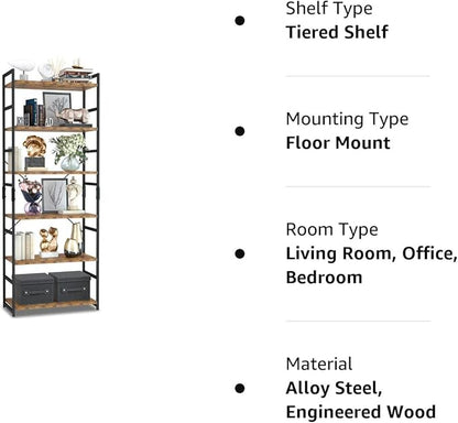 NUMENN 6 Tier Bookshelf, Tall Bookcase Shelf Storage Organizer, Modern Book Shelf for Bedroom, Living Room and Home Office, Vintage
