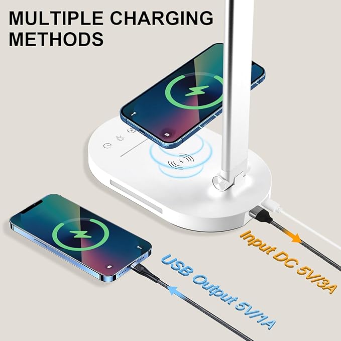 Lightess LED Desk Lamp with Wireless Charger, USB Charging Port - Dual Swing Arm Dimmable LED Desk Light with Night Light, Foldable Desk Lamp, Touch Control Table Lamp for College Dorm Room Bedroom
