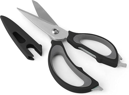 Farberware 4-in-1 Kitchen Shears with Sheath, High-Carbon Stainless Steel Scissors with Bottle Opener, Jar Opener and Screwdriver, Grey and Black Ergonomic Handle