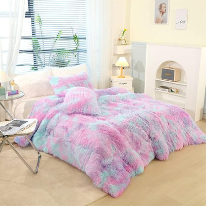 Faux Fur Kids Girls Purple Rainbow Comforter Sets Twin/Full - 3PC Bed Set Warm Comfortable Soft Plush Flannel Velvet Fluffy Fuzzy Bedding（Comforter x 1 Pillowcases x 2）