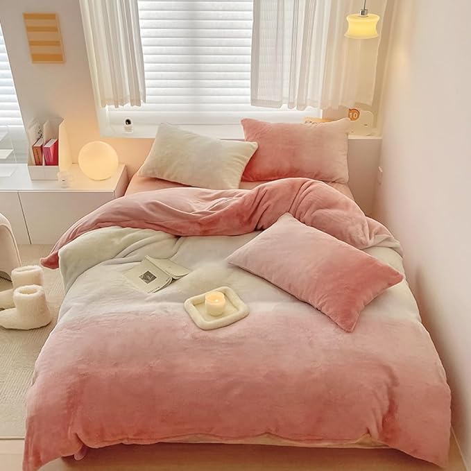 Wellboo Pink White Gradient Comforter Sets King White and Pink Fluffy Bedding Comforters Modern Bean Pink Gradient Flannel Quilts Farmhouse Abstract Art Watercolor Comforters Sherpa Fuzzy Plush Bed