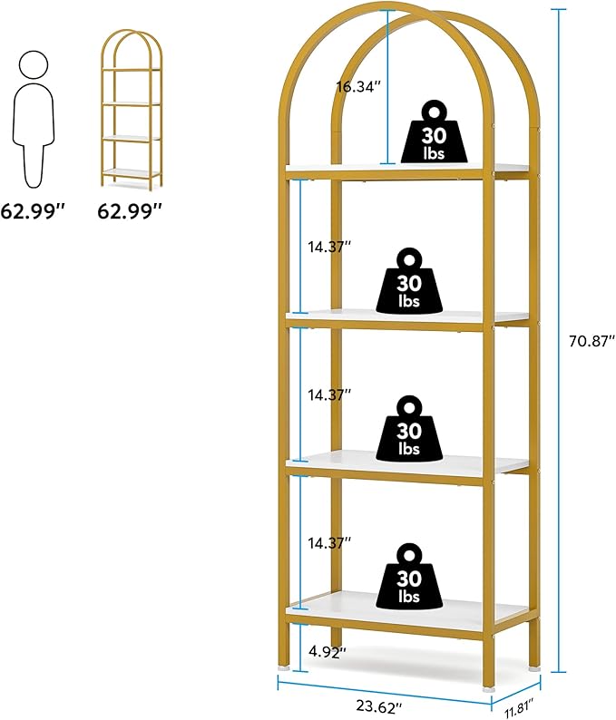 Tribesigns 4-Tier Open Bookshelf, 70.8" Modern Wood Bookcase Storage Shelves with Metal Frame, Freestanding Display Rack Tall Shelving Unit for Office, Bedroom, Living Room (White & Gold, 1PC)