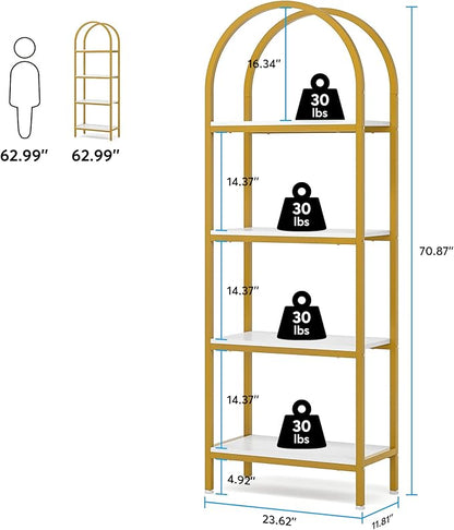Tribesigns 4-Tier Open Bookshelf, 70.8" Modern Wood Bookcase Storage Shelves with Metal Frame, Freestanding Display Rack Tall Shelving Unit for Office, Bedroom, Living Room (White & Gold, 1PC)
