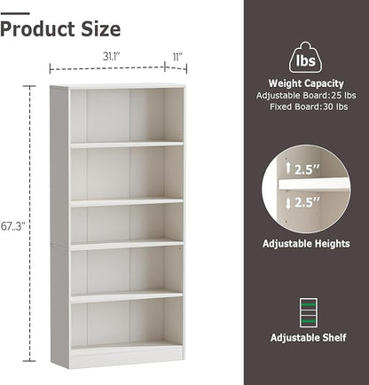 5-Tier Bookshelf, Wood Display Storage Shelves 67.3" Tall Bookcase Open Bookshelf for Home Office, Living Room and Bedroom,White